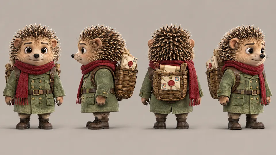 Hedgehog character in green coat and red scarf shown from four angles