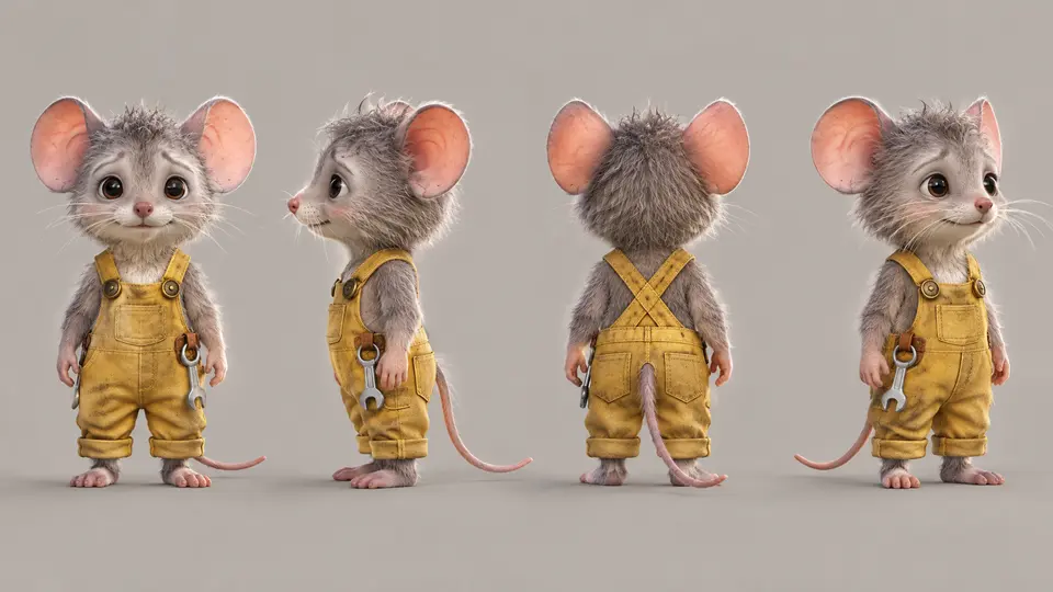 Mouse character in yellow overalls shown from four angles