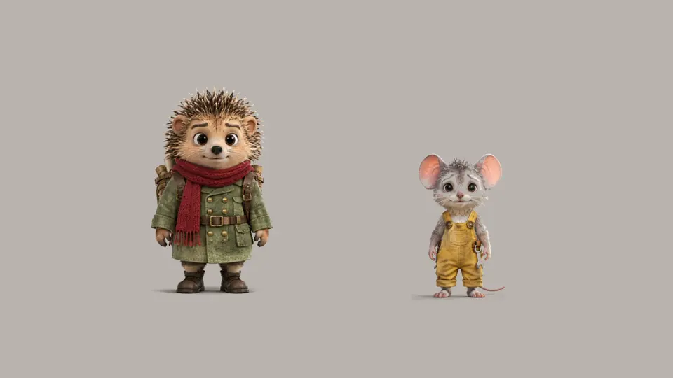 Hedgehog and mouse standing together as a character pair