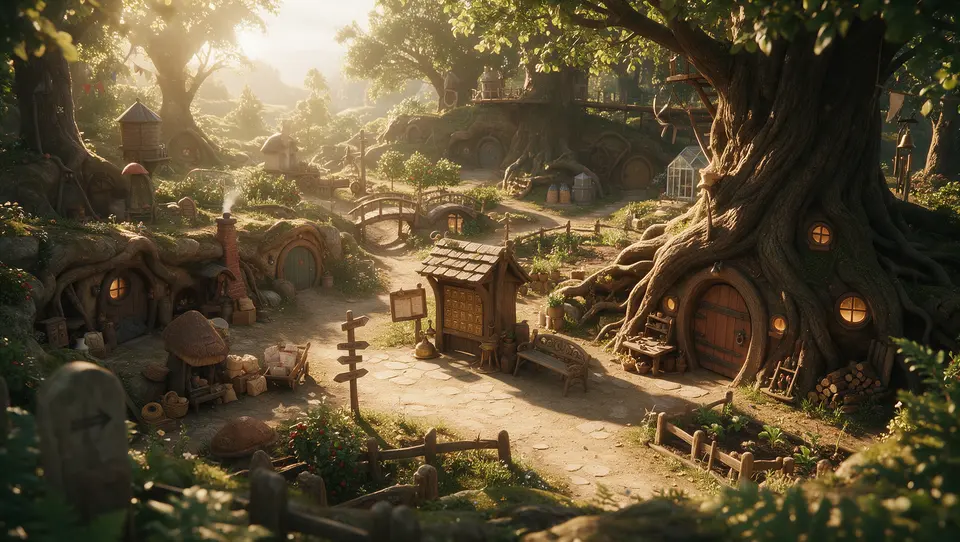 Sunlit woodland village with a small tree-house