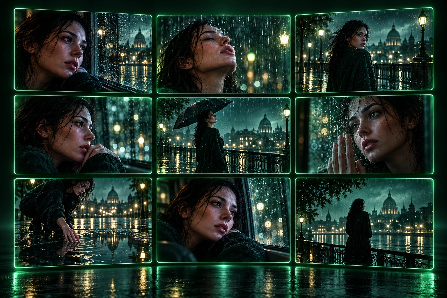 Nine coordinated Kling Image 4.0 frames of the same character and rainy city