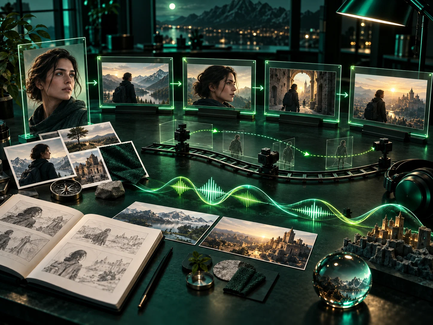 Creative desk connecting references, story scenes, cameras, and voice